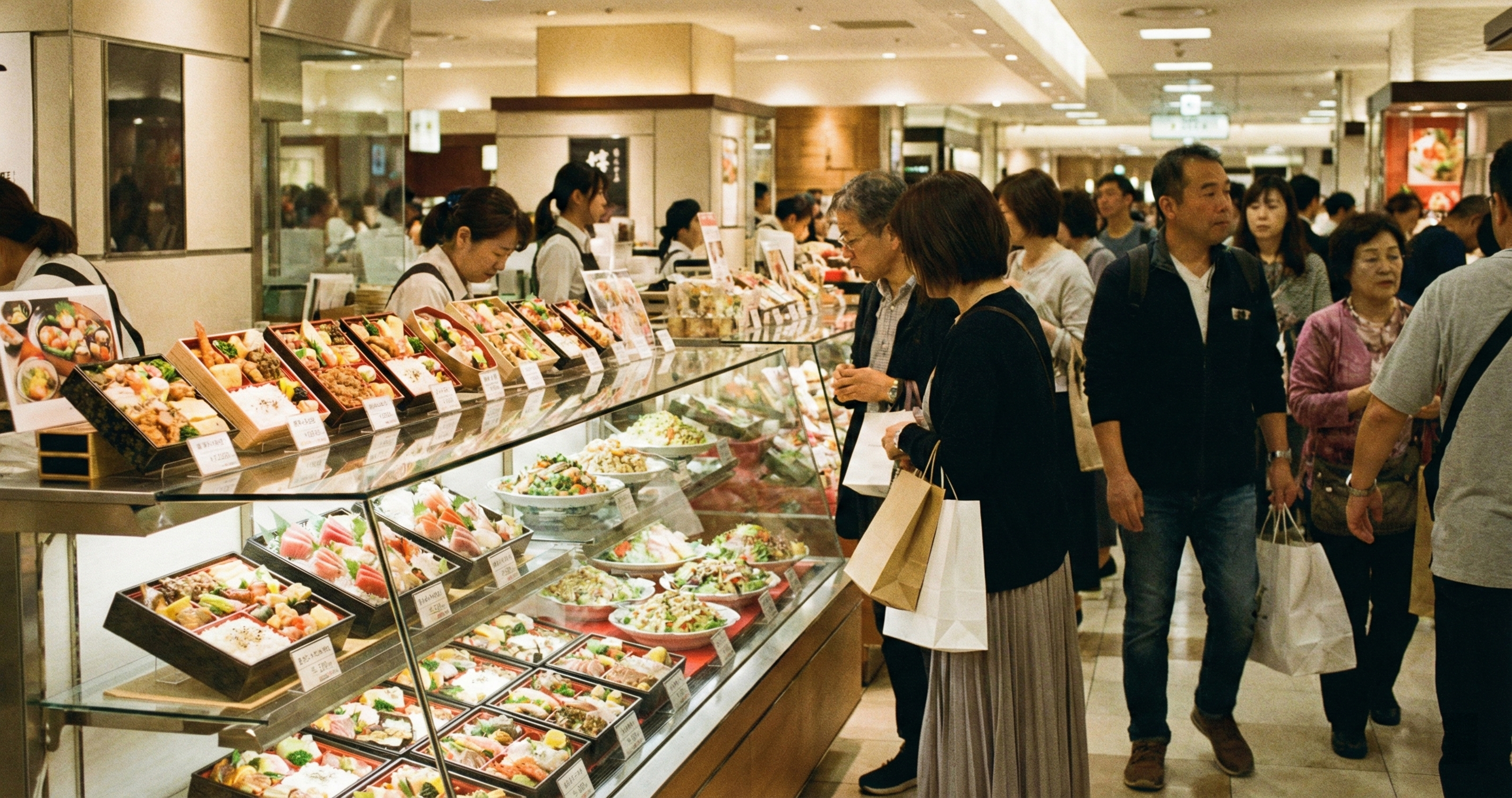 Shoppers browsing food at a Depachika department store basement food hall