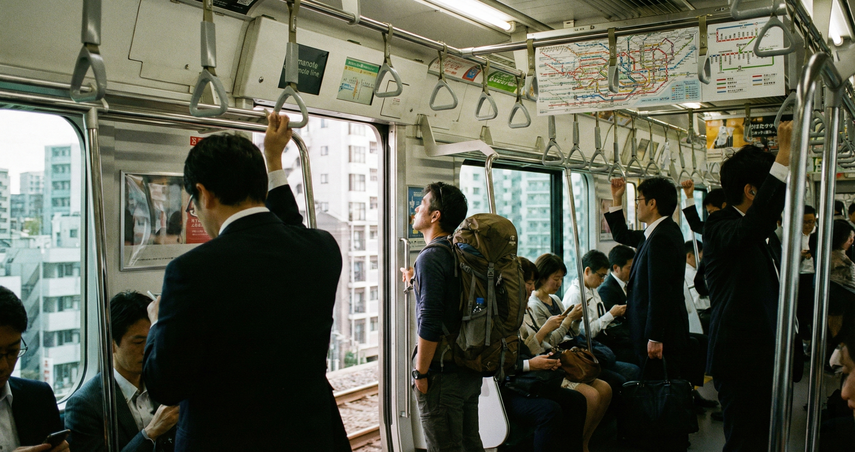 Commuters on a Tokyo train using navigation apps