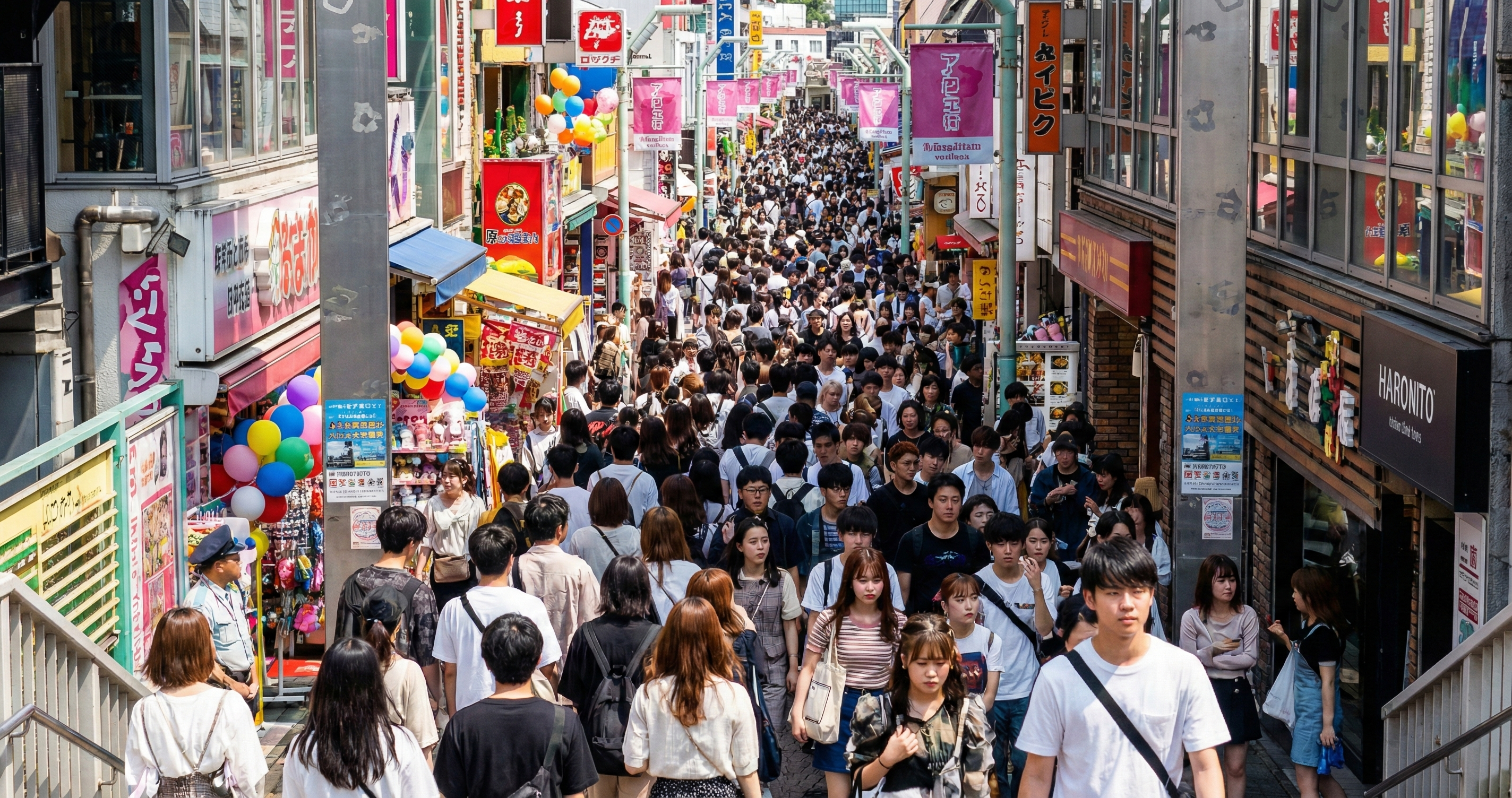 Crowded Takeshita Street in Harajuku with colorful banners and shops