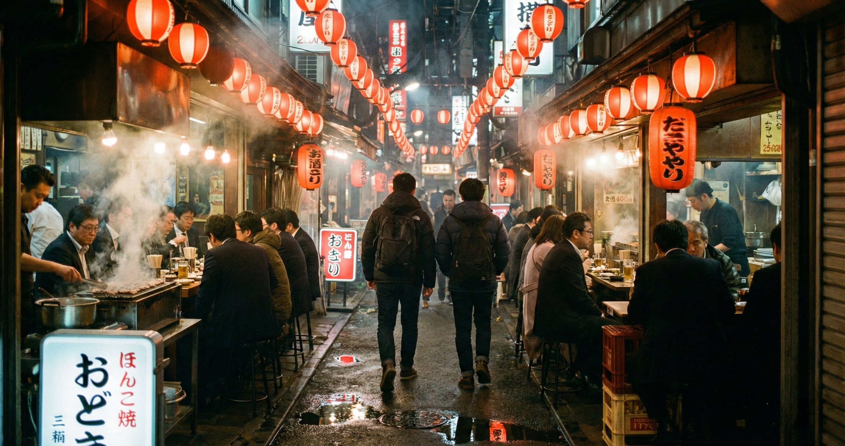 Omoide Yokocho in Shinjuku with lanterns and people eating at small counters
