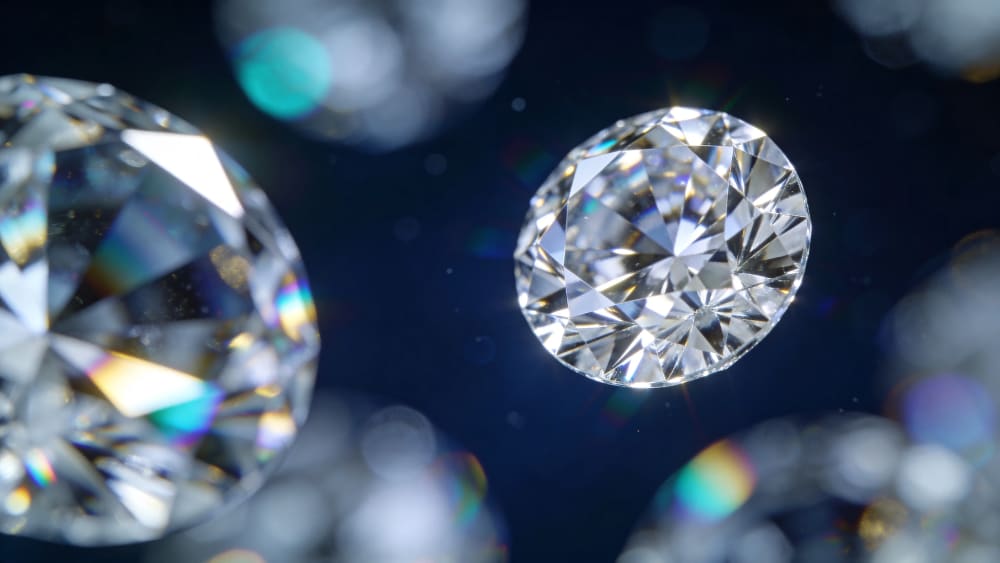 Round brilliant cut lab-grown diamond — pure carbon, D colour, 10/10 Mohs hardness, 2.42 refractive index