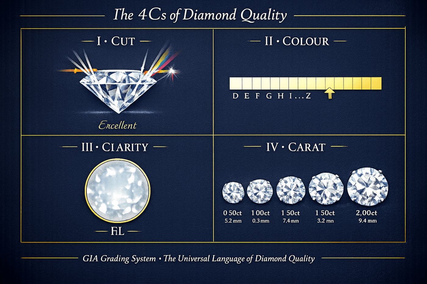 The 4Cs of Diamond Quality — Cut, Colour, Clarity, Carat — GIA grading system infographic