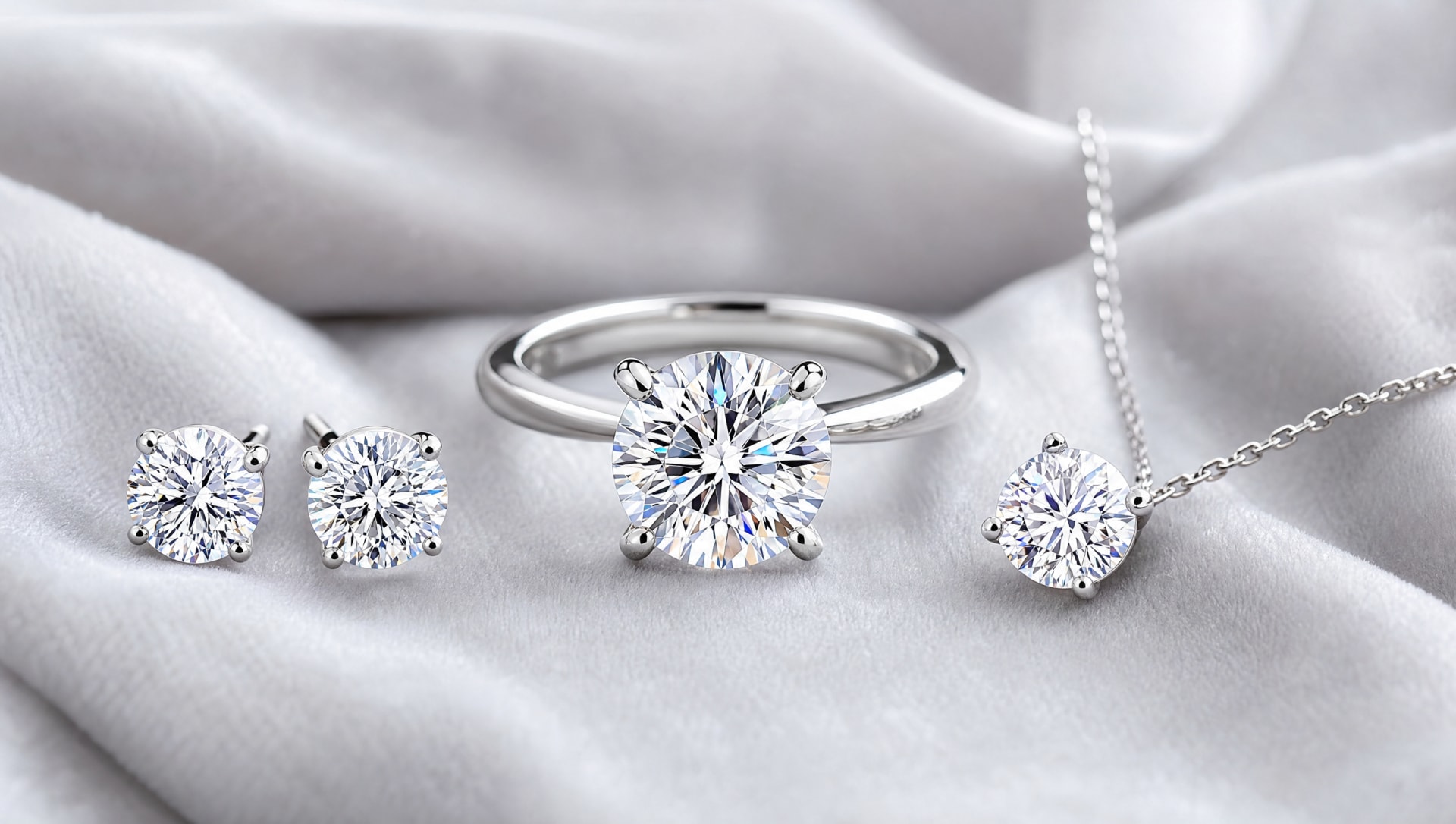 Lab-grown diamond jewellery set — solitaire ring, stud earrings and pendant necklace in white gold on silk
