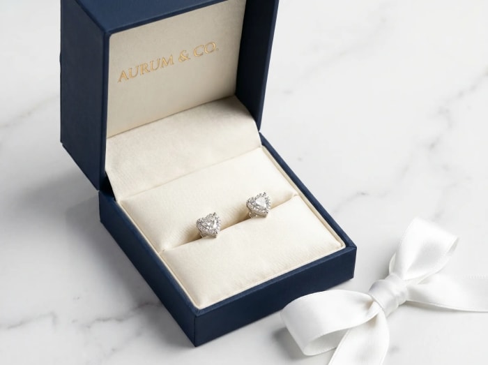 Cœur Lumière Studs presented in luxury navy gift box
