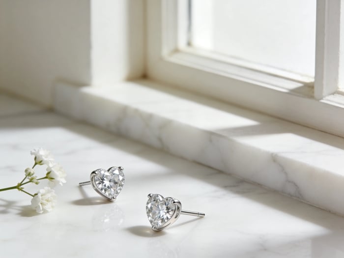 Cœur Lumière Studs displayed on white marble surface