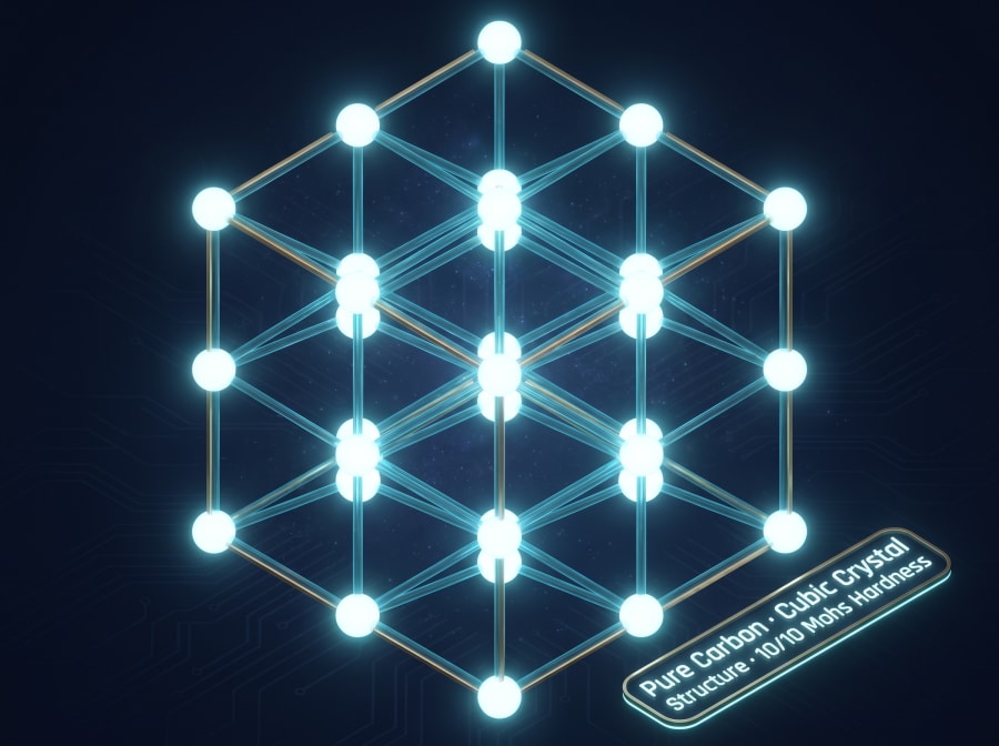 Diamond cubic crystal lattice — pure carbon atoms in identical tetrahedral cubic structure, lab-grown or mined