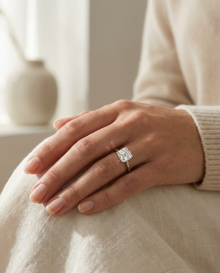 Asscher Cut Solitaire Ring worn on hand — lifestyle