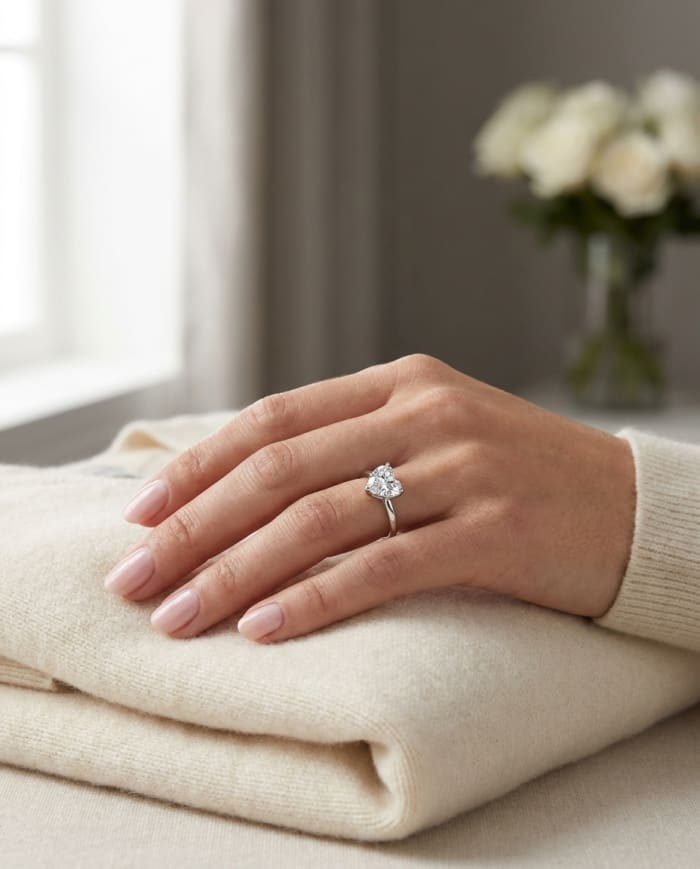Heart Shape Diamond Solitaire Ring worn on hand