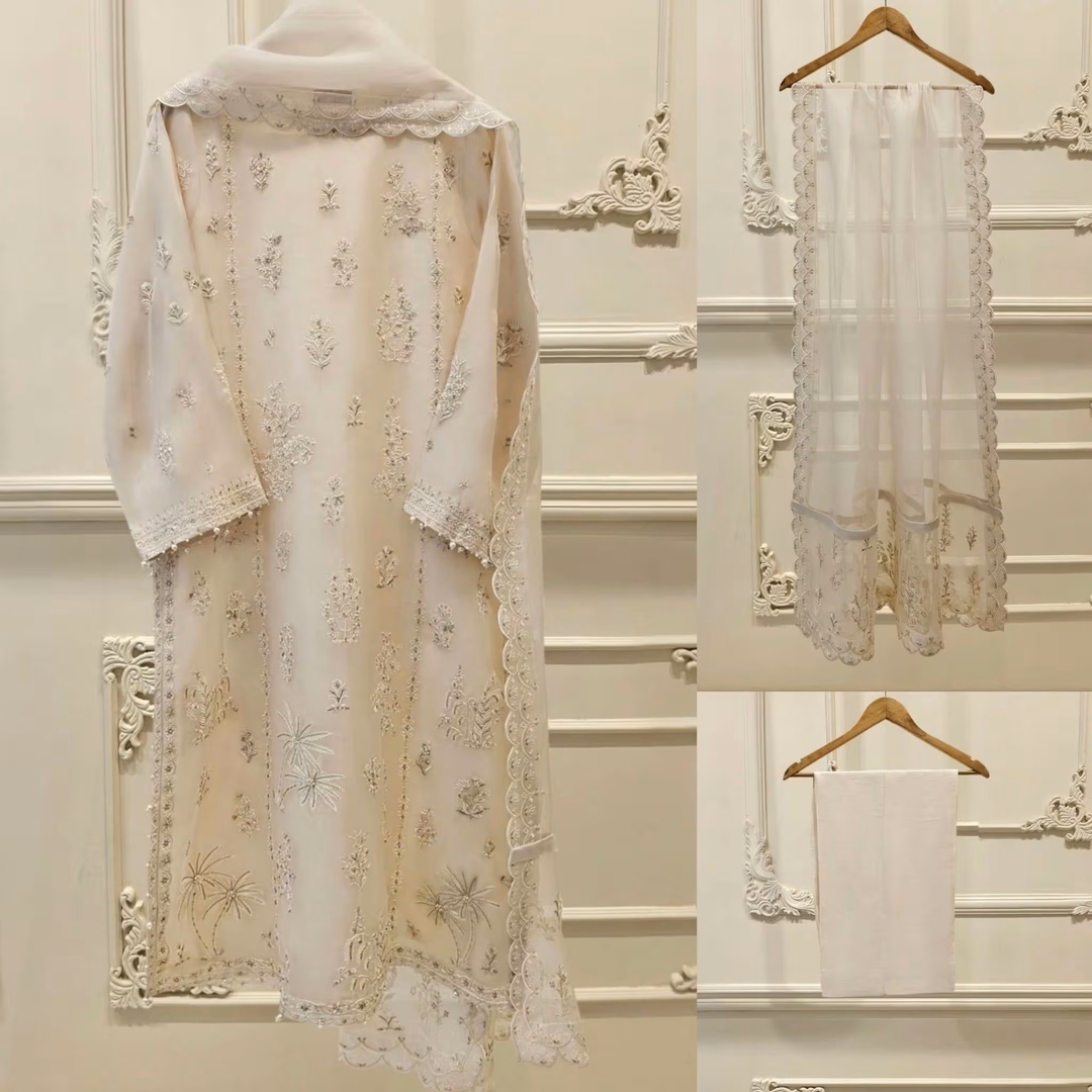 3 Piece Pure Organza Embroidered Suit - Beige