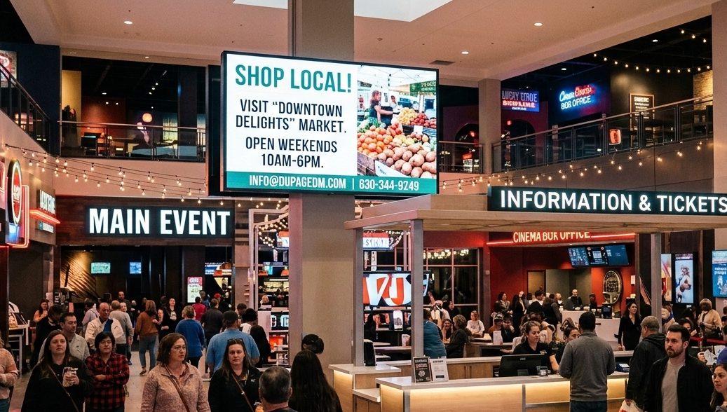 Local business advertising on an indoor digital billboard screen in Naperville