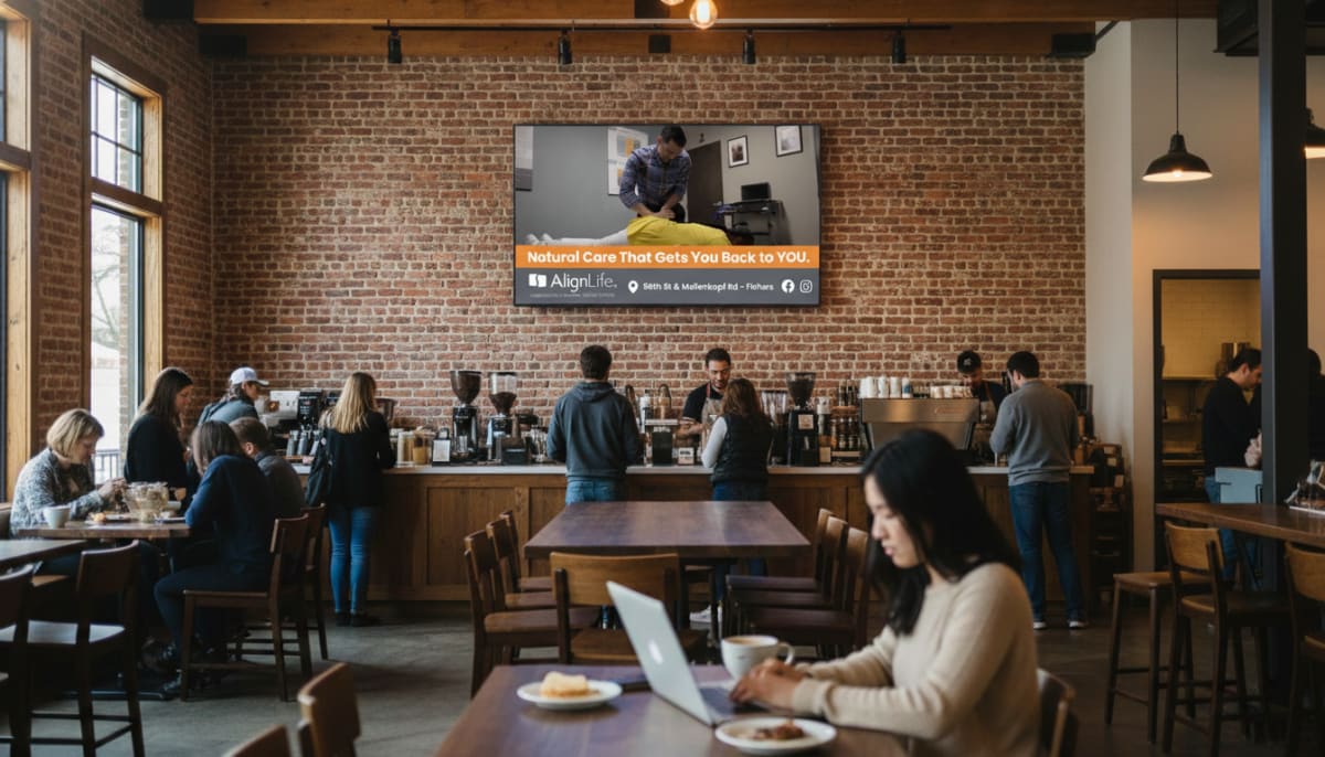 Coffee shop bar interior with digital advertising screen displaying local ads