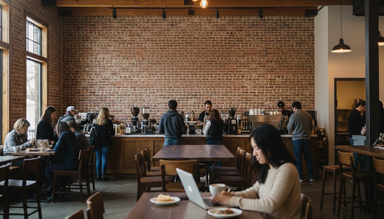 Indoor venue with exposed brick wall hosting a digital advertising screen