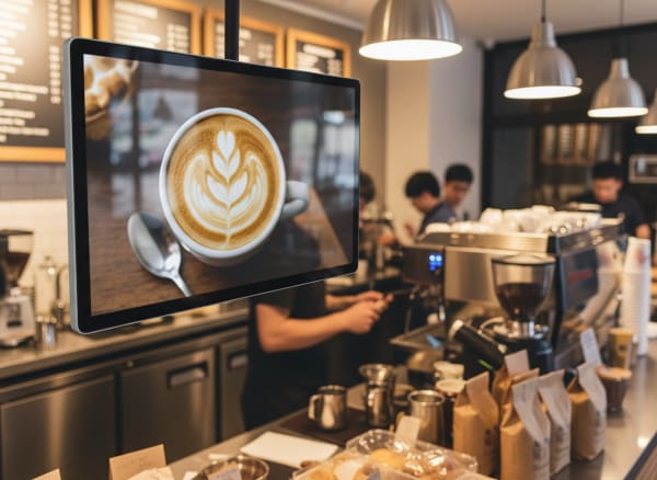 Coffee shop interior with indoor digital screen showing an advertisement