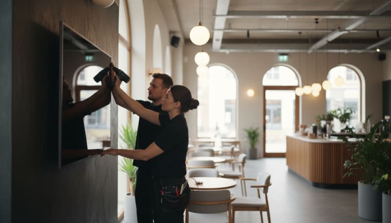 Technicians installing a digital screen in a venue