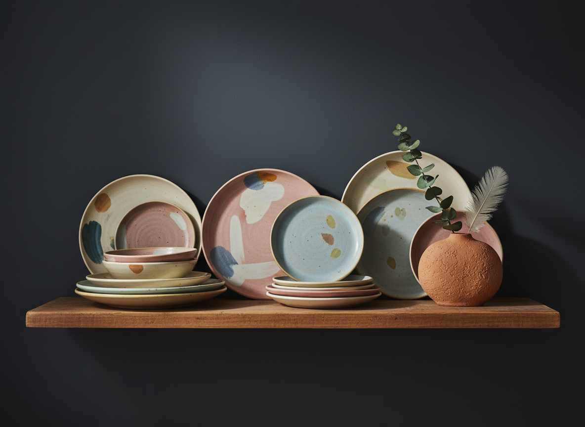 Ceramic plates and vase on kitchen shelf