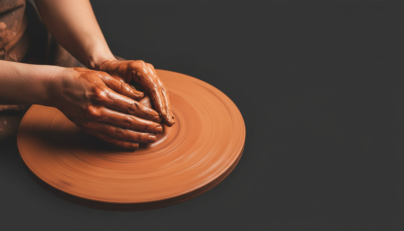Close-up of a throwing session: hands centering clay on the wheel