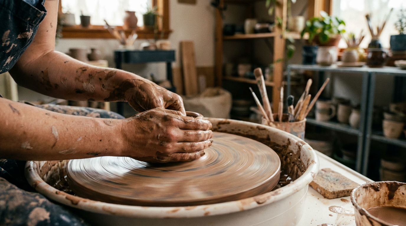 Hands working on pottery wheel