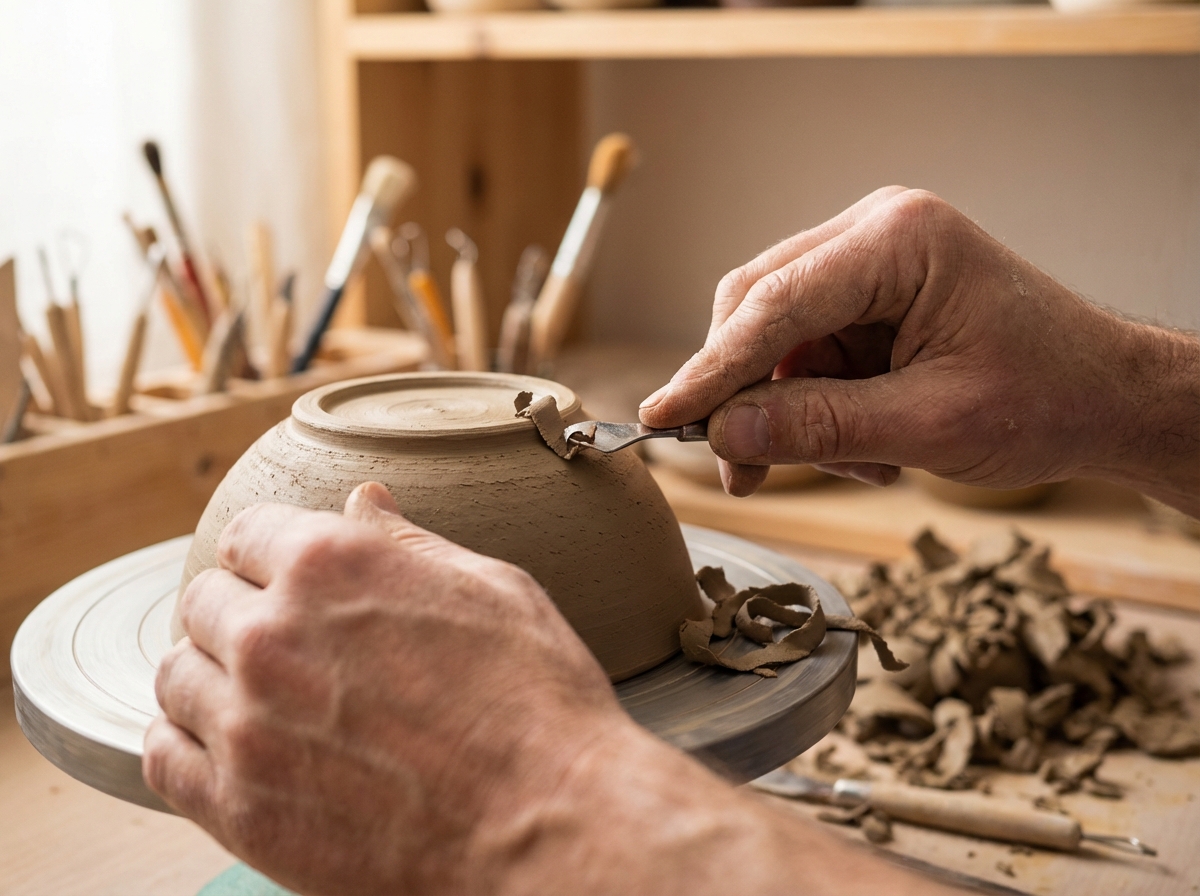Hands trimming clay