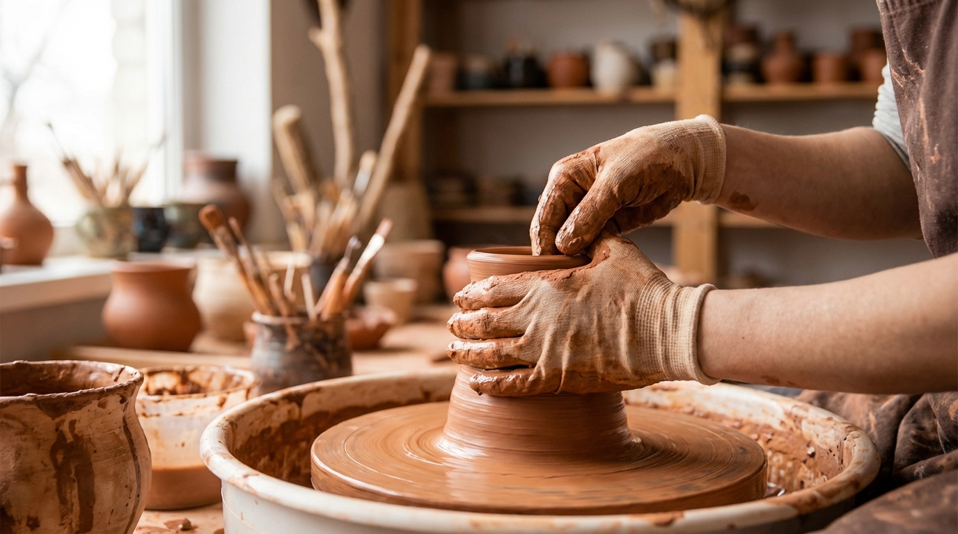 Hands on pottery wheel