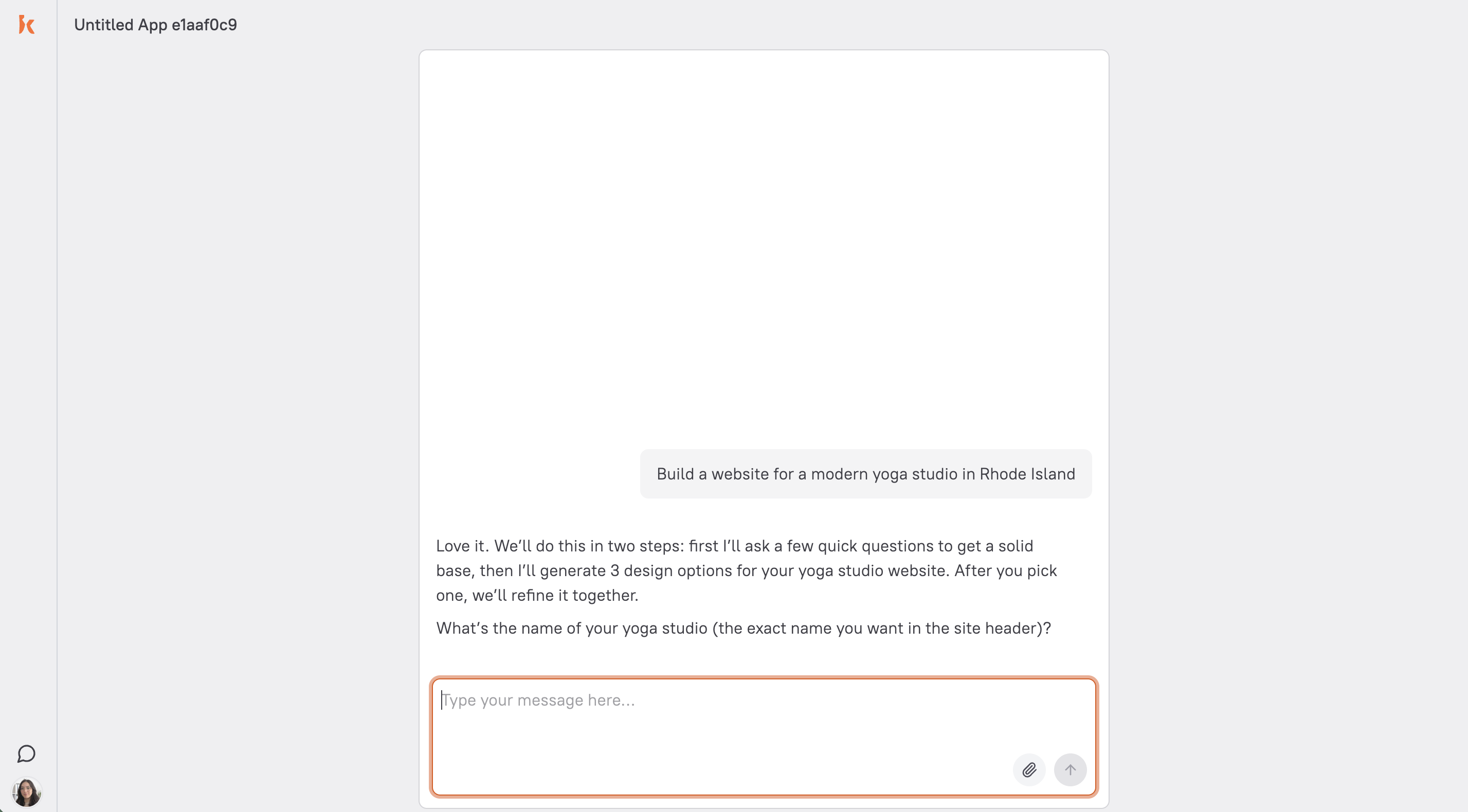 Kite conversation interface asking for the yoga studio name