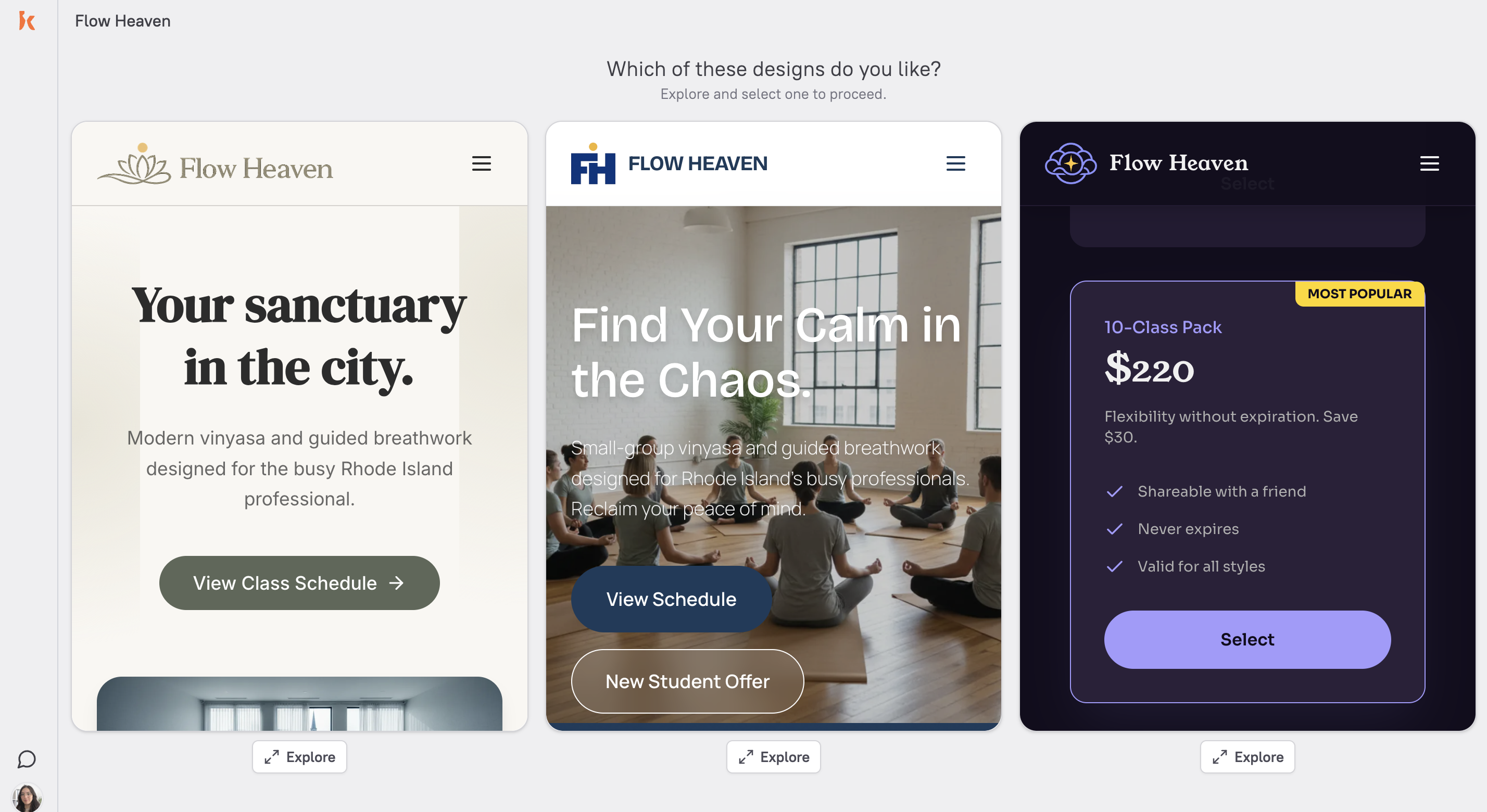 Three branding options generated by Kite for Flow Heaven
