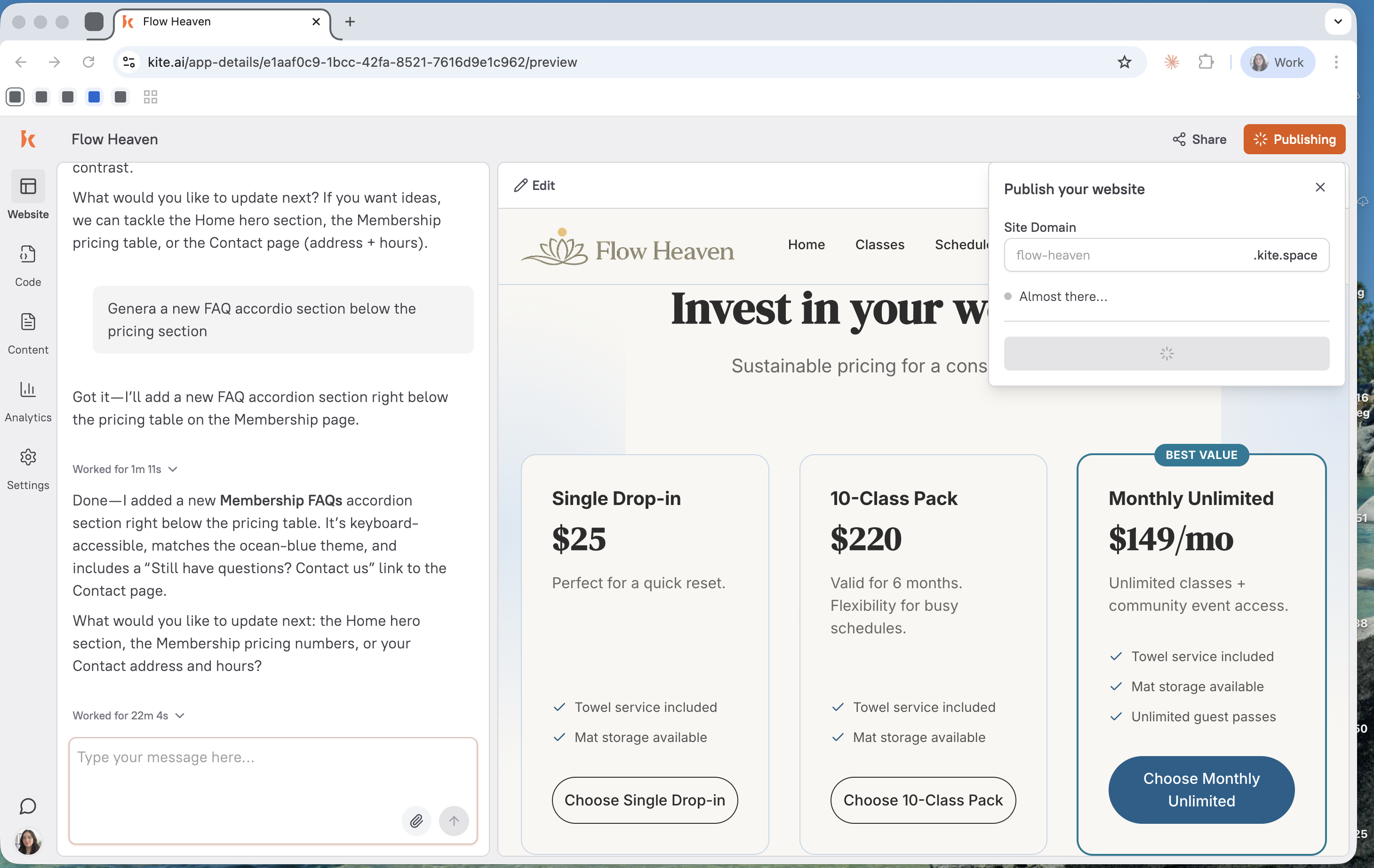 Publishing a Flow Heaven site on a kite.space domain in Kite