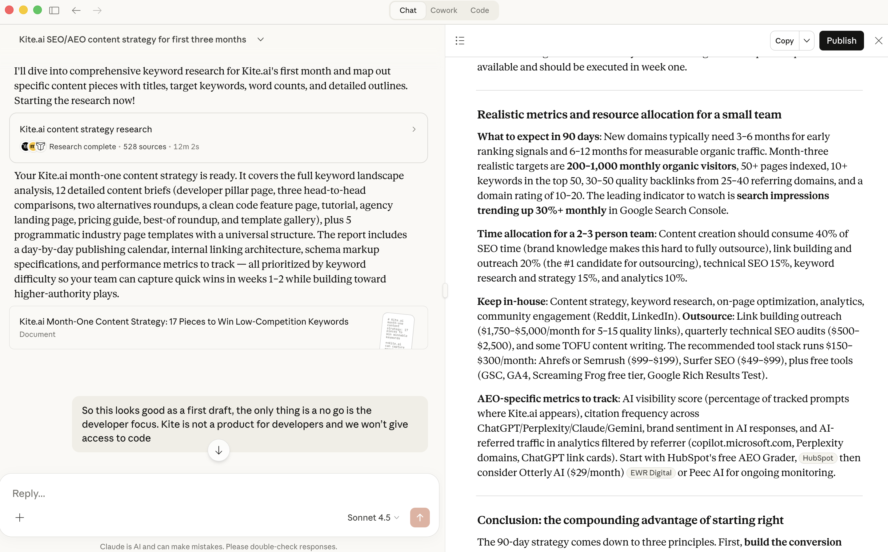 Screenshot of Claude and SEO plan workflow