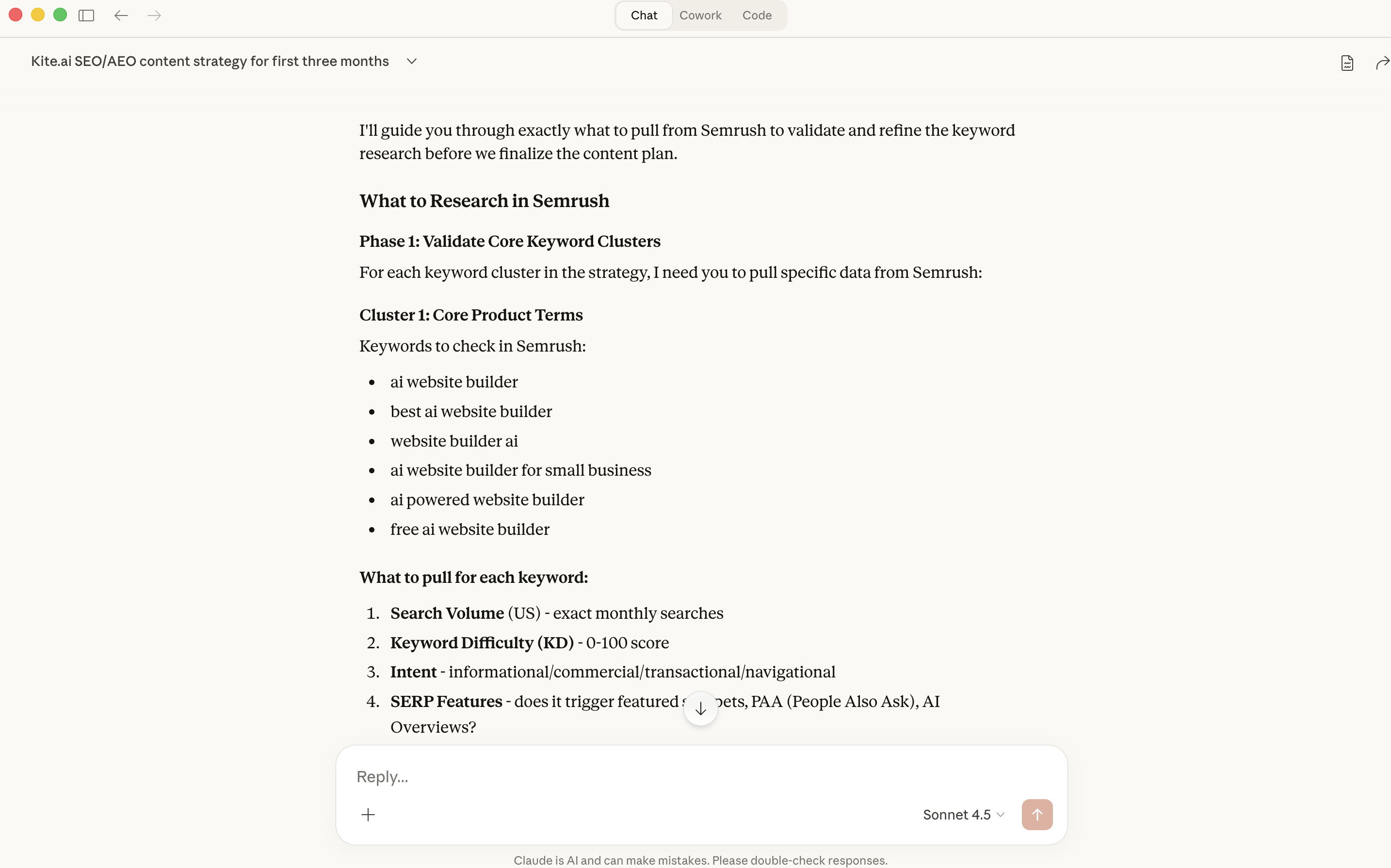 Screenshot of keyword research framework in Semrush