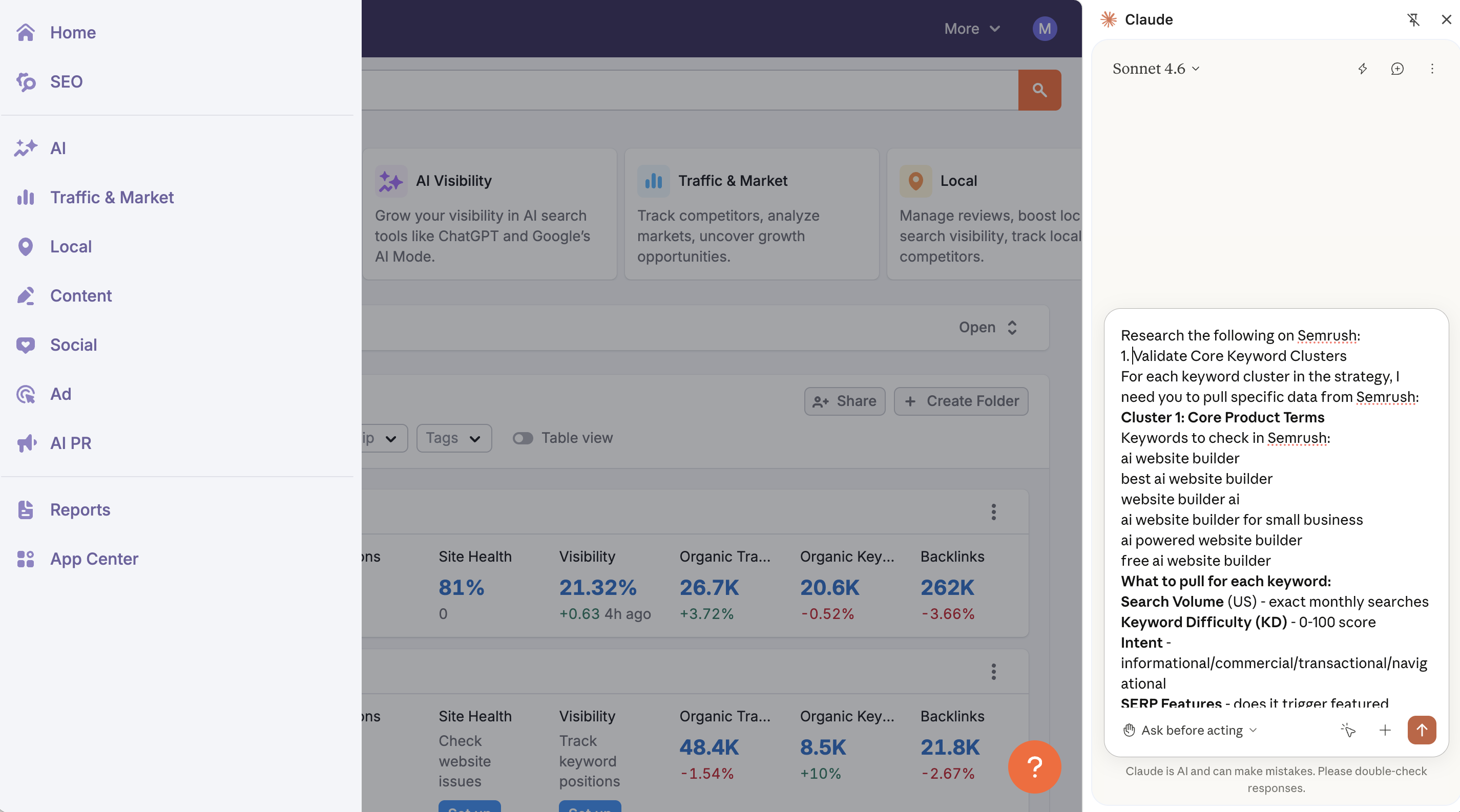 Screenshot of Semrush with Claude side panel