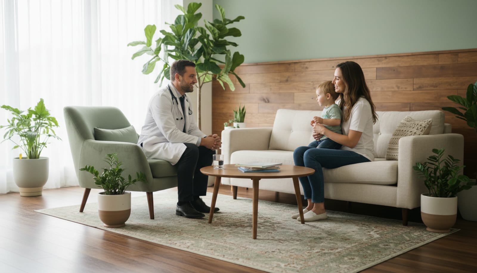 Male clinician with family in a warm clinic setting