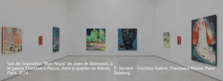Vue de l'exposition "Blue Hours" de Jules de Balincourt, à la galerie Thaddaeus Ropas, dans le quartier du Marais, Paris, 2014