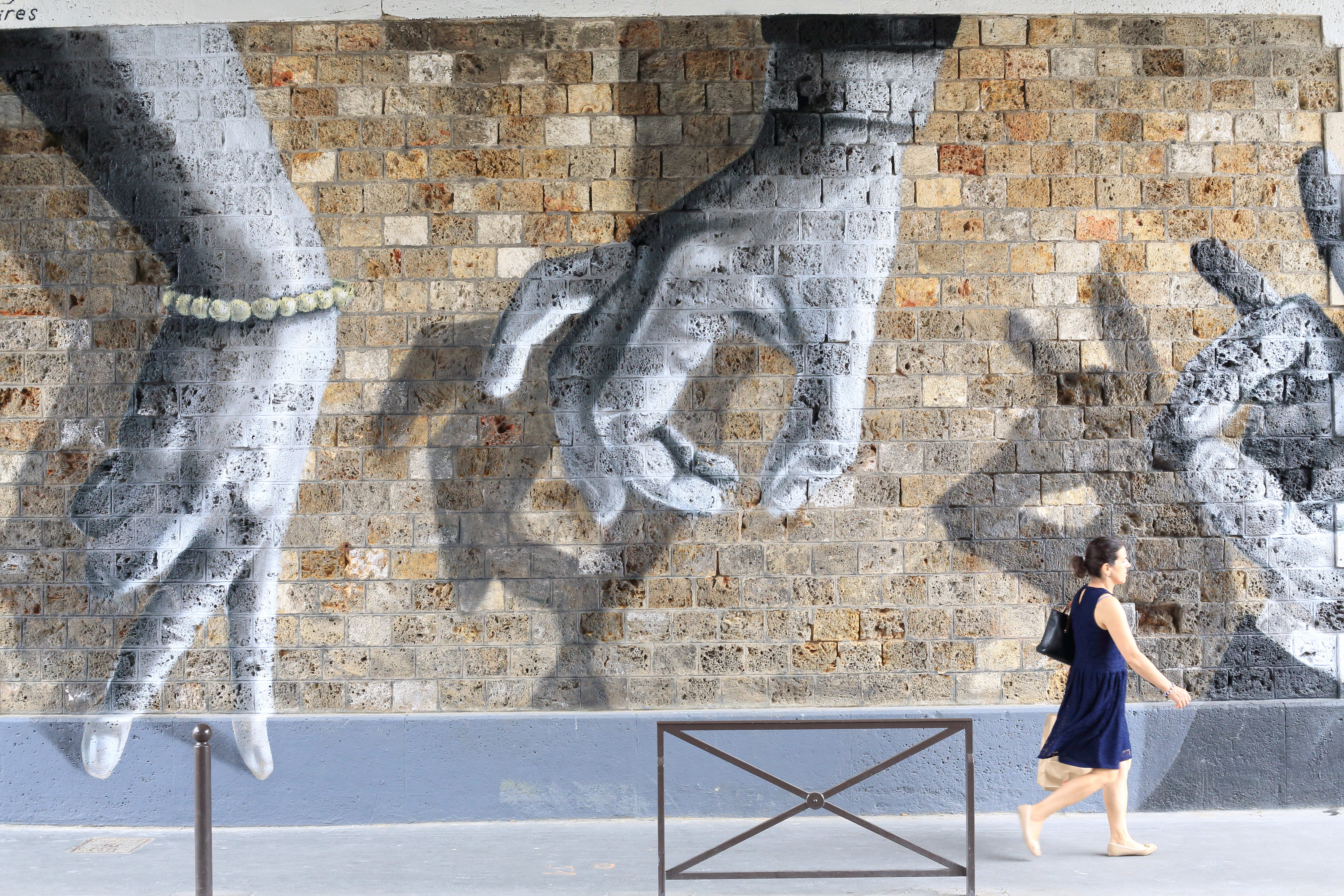 Woman passing in front of a work of Oji's Street Art%252C Ourcq street%252C Paris 2017.