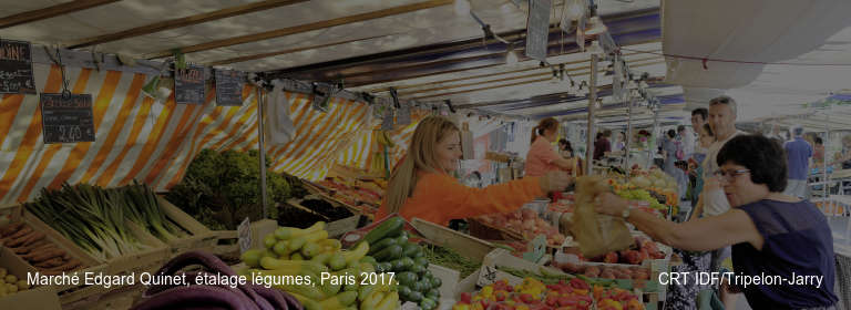 Marché Edgard Quinet, étalage légumes, Paris 2017.