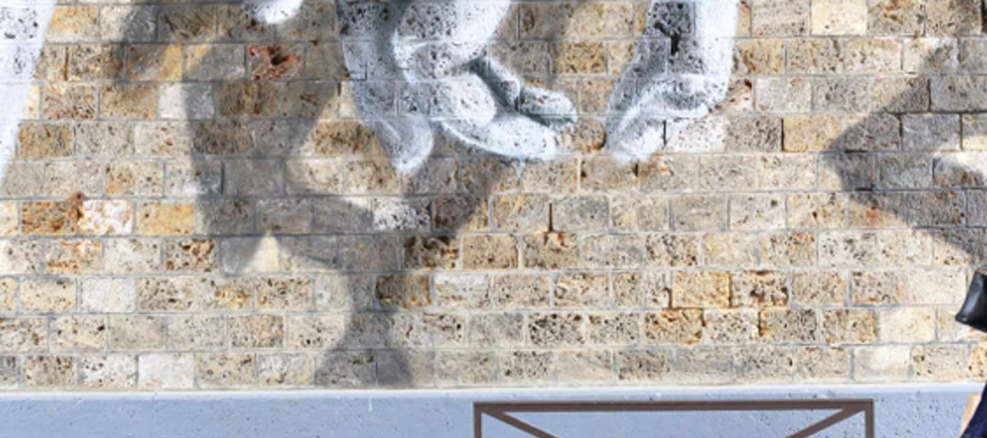 Femme passant devant une oeuvre Street Art de Oji, rue de l'Ourcq, Paris 2017.