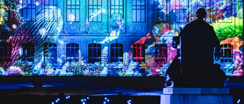 Illuminations from the depths of the sea on the façade of the National Museum of Natural History