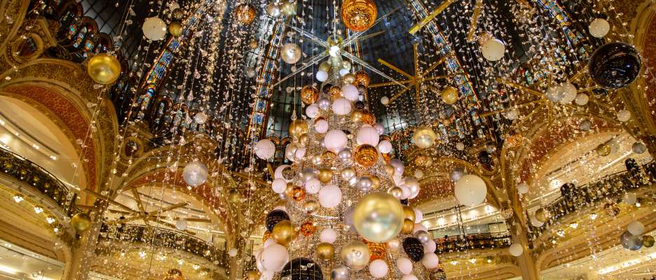 Christmas tree and decorations at Galeries Lafayette Haussmann