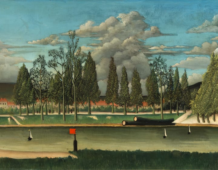 Painting by Henri Rousseau View of the Quay at Asnières, also known as The Canal and Landscape with Tree Trunks