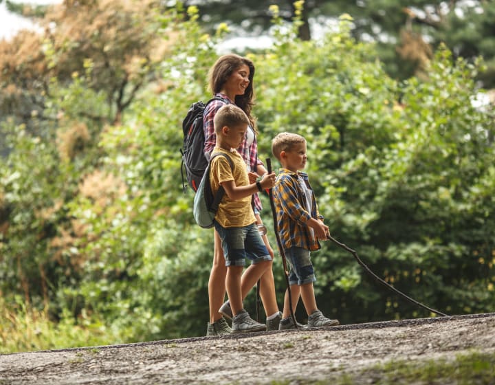 Une mère et ses petits garçons en randonnée dans la forêt