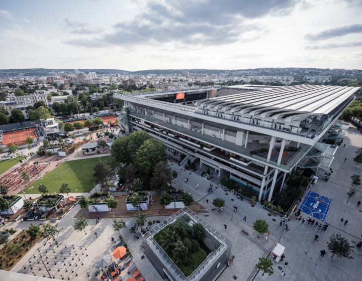Vue aérienne du site de Roland Garros et des cours de tennis annexes