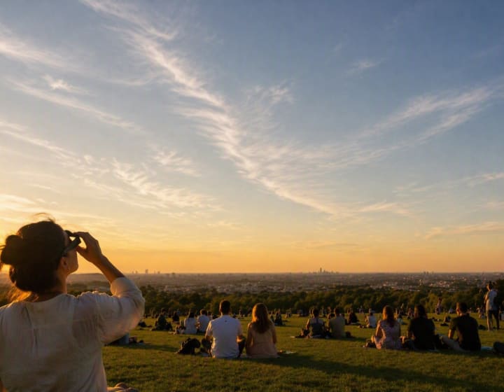 Young men and women sitting on the grass in Saint Cloud Park and looking up at the sky