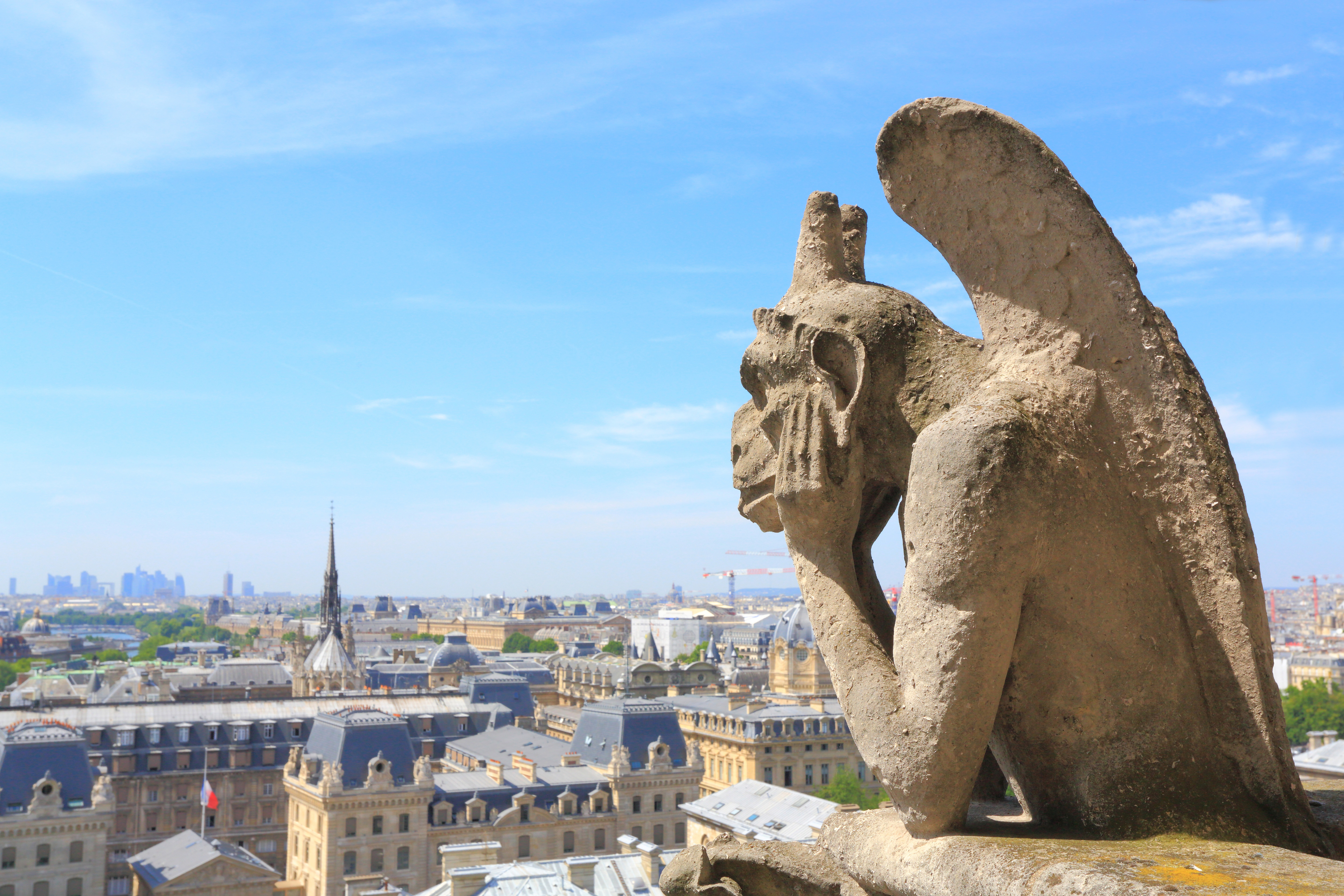 Vue sur Paris depuis les Tours de la cathédrale Notre-Dame de Paris%252C gros plan sur une gargouille%252C 2017. Maisant - Hemis - CRT Paris Ile-de-France