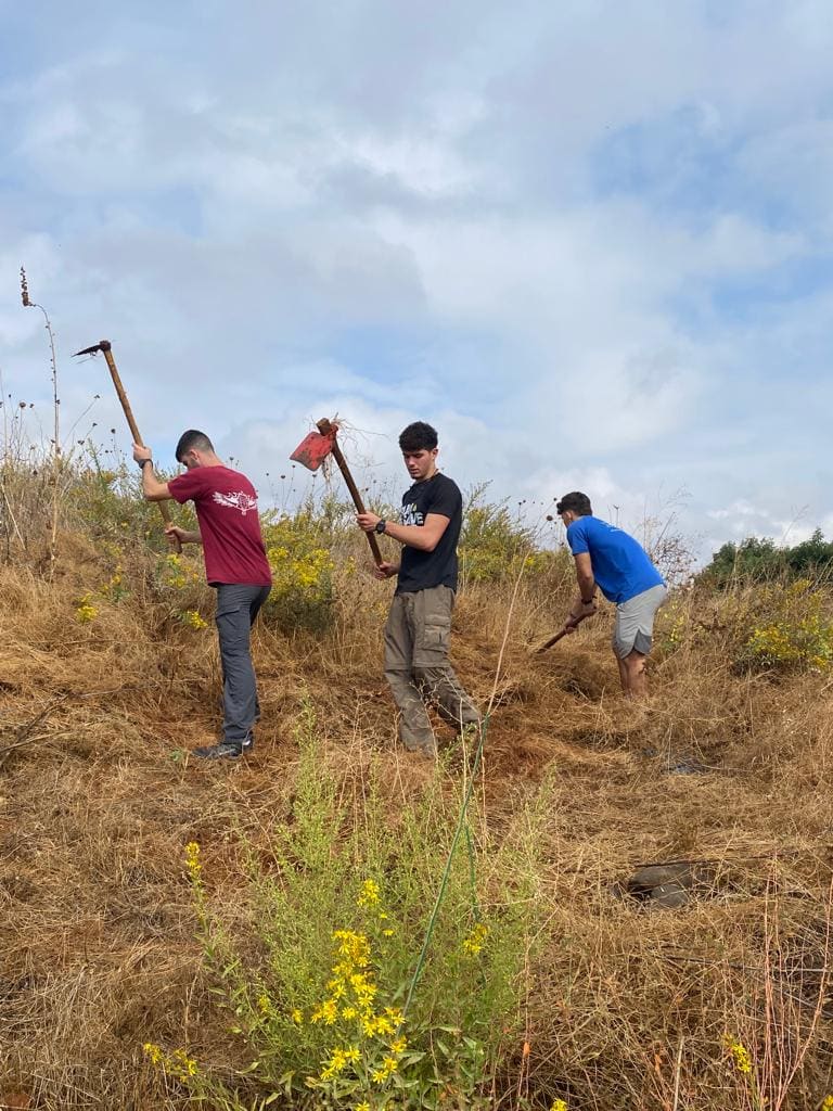 Three participants carrying a white rod outdoors with green trees in the background.