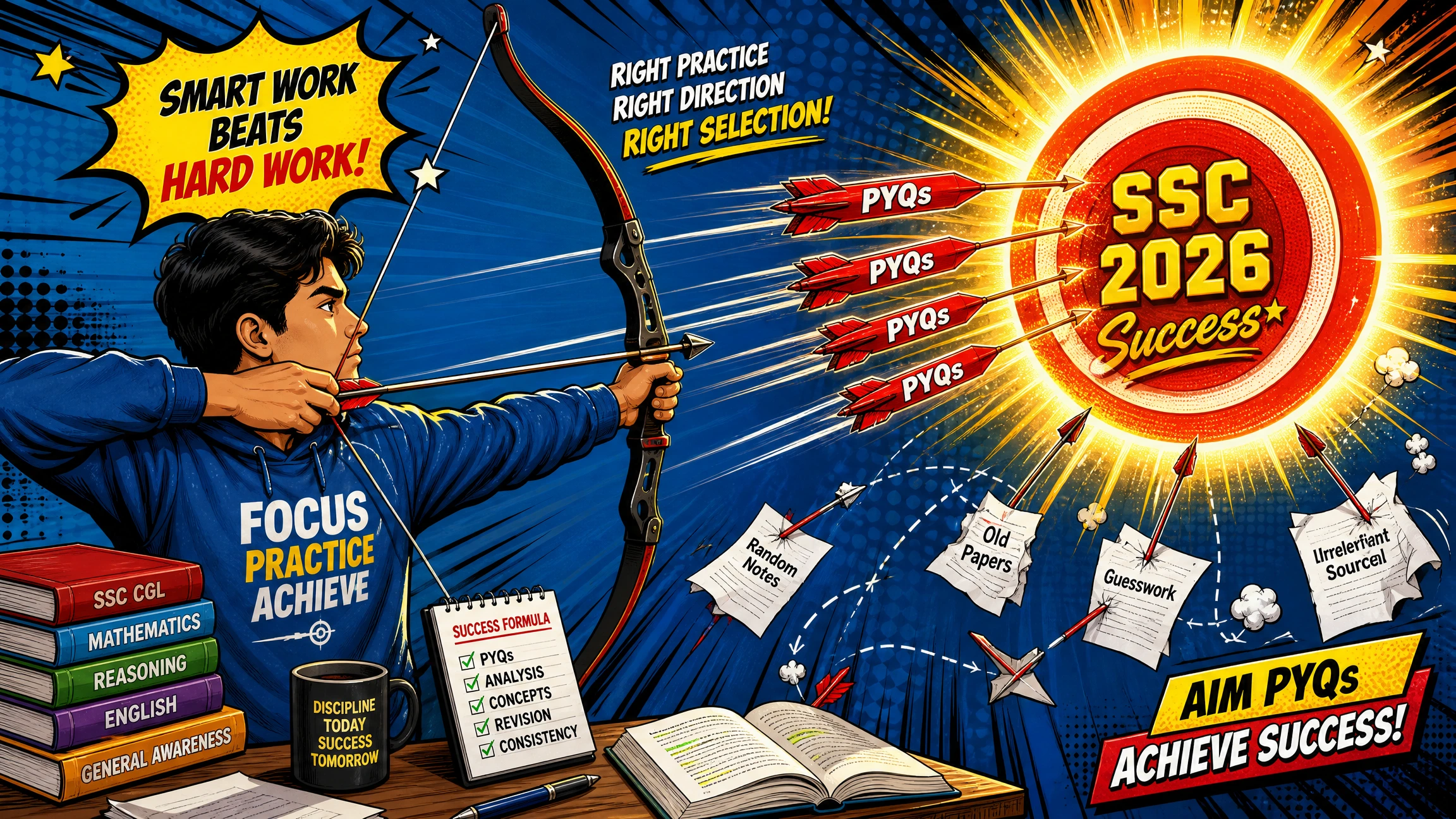 Modern pop art illustration of an Indian SSC aspirant aiming arrows labeled “PYQs” at a glowing bullseye representing SSC 2026 success, while random practice papers miss the target in the background. Bright comic-style colors and dynamic motivational exam preparation theme.