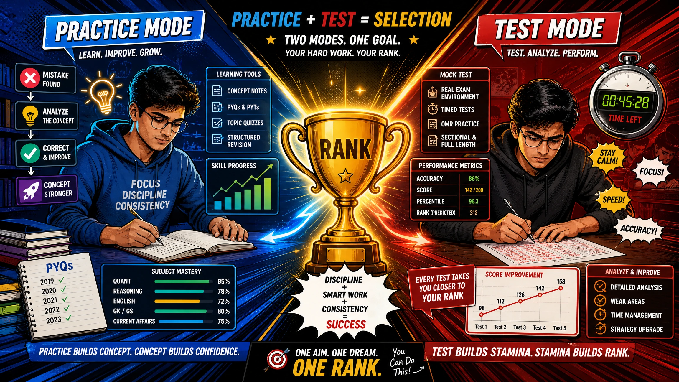 Pop-art illustration of an Indian exam aspirant comparing practice mode and test mode preparation, with both approaches leading toward a rank trophy through learning and mock-test performance.
