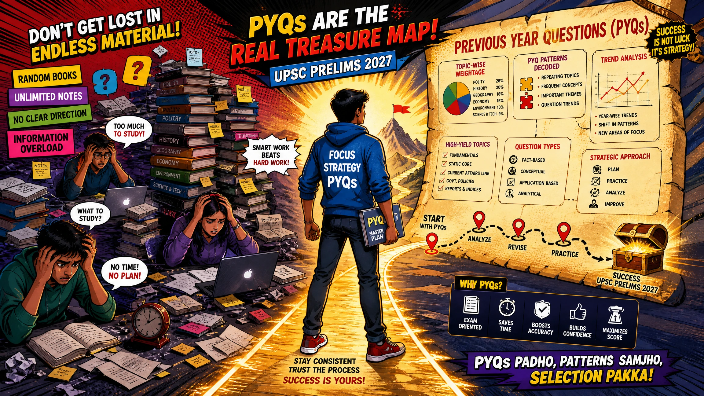 Pop-art illustration of a UPSC aspirant using previous year question analysis as a clear path to success while other students struggle with excessive study material and random preparation strategies.