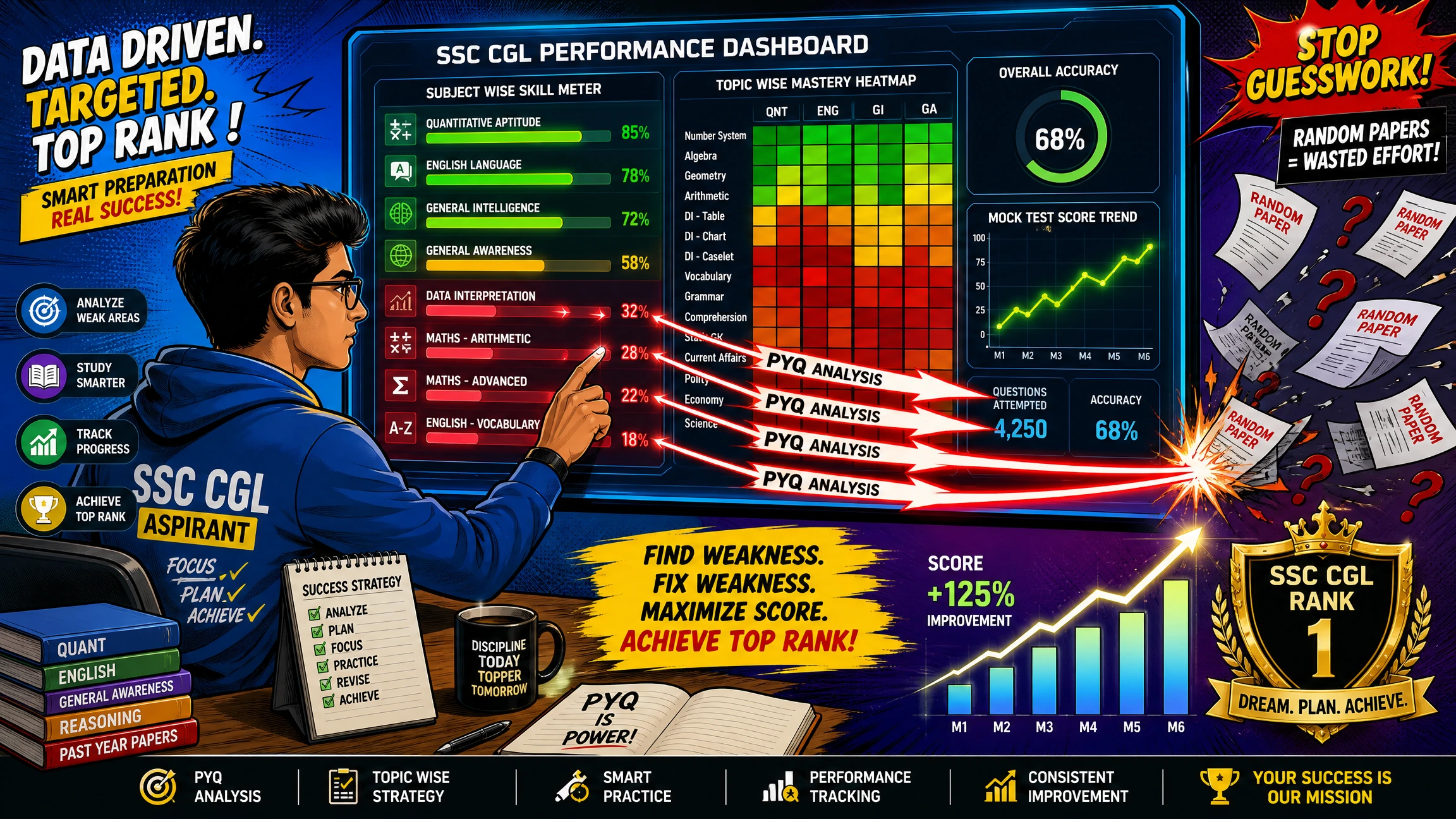 Pop-art illustration of an SSC CGL aspirant using PYQKosh analytics to identify weak subtopics and improve exam performance through targeted preparation instead of guesswork.