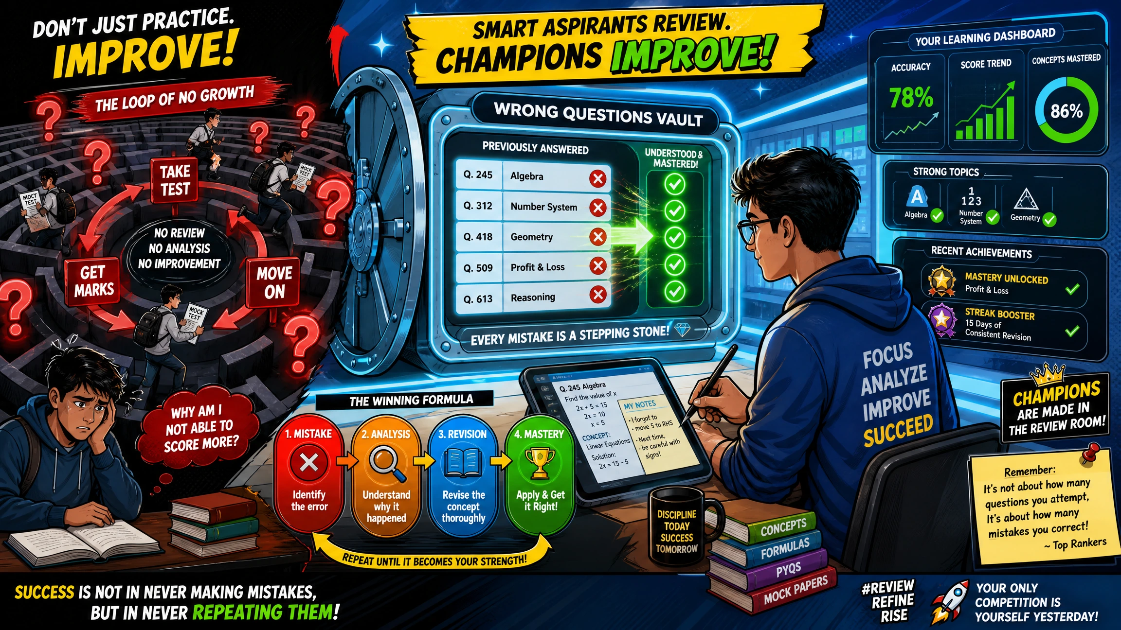 Indian competitive exam aspirant using the PYQKosh Wrong Question Tab to review incorrect answers, identify weak topics, analyze mistakes, and improve exam performance through targeted revision and practice.