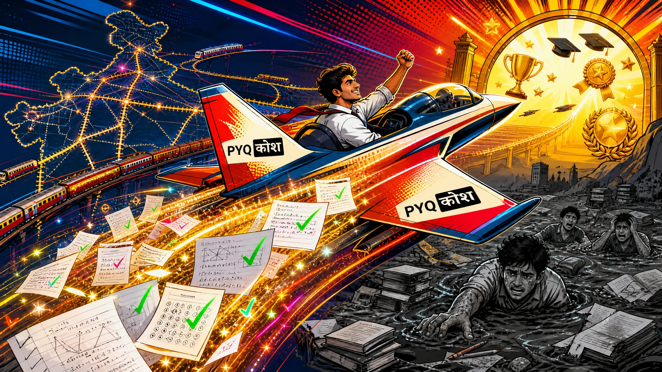 Modern pop art illustration of an Indian railway exam aspirant soaring in a Pyqkosh-branded aircraft above a glowing railway network, symbolizing the ultimate strategy to crack RRB Exams in 2026 through focused previous year paper preparation and strategic learning success.