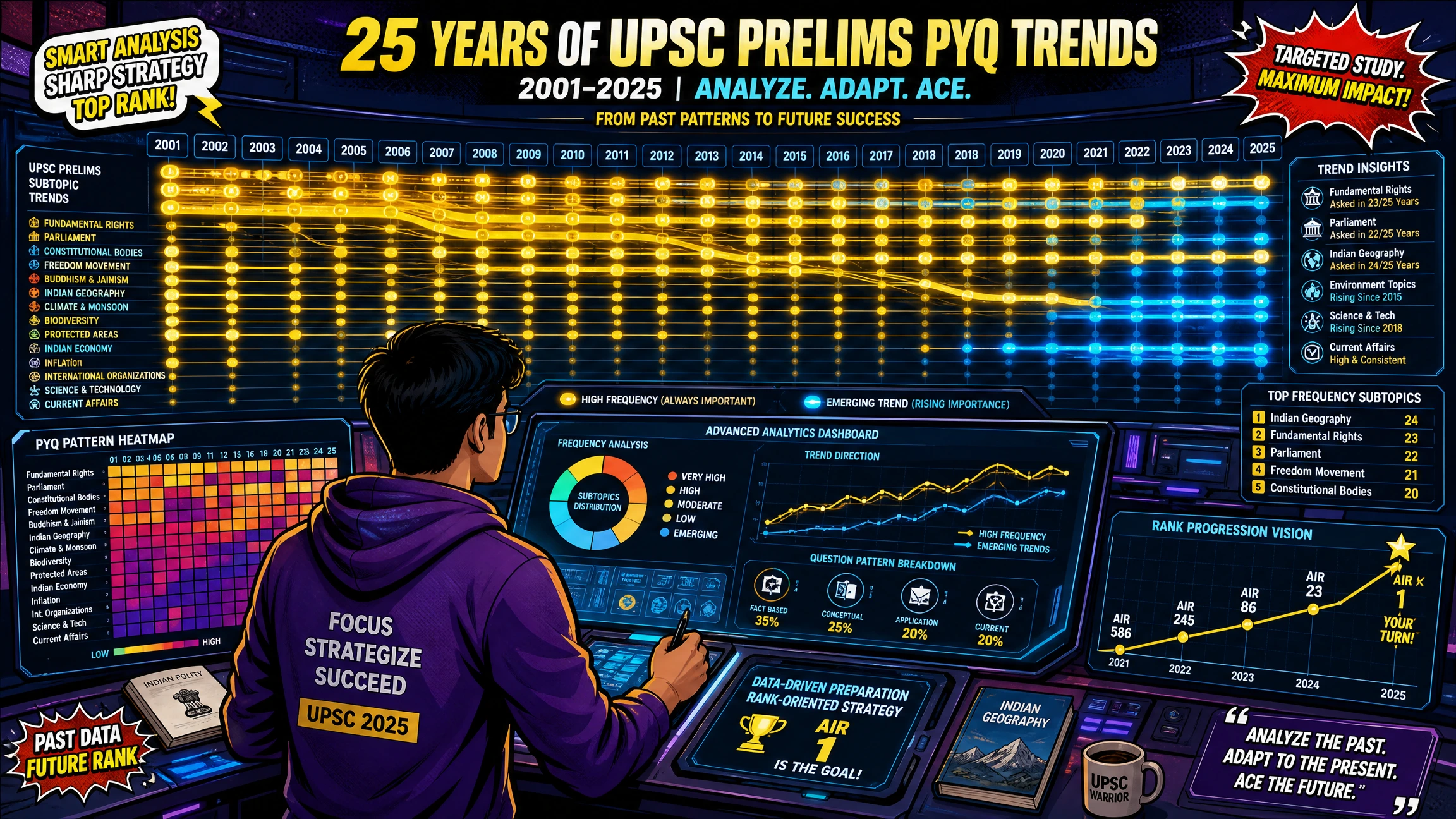 Pop-art illustration of a UPSC aspirant analyzing 25 years of Prelims PYQ trends using a digital dashboard that highlights recurring subtopics from Polity, History, Geography, Economy, Environment, Science & Technology, and Current Affairs for focused exam preparation.