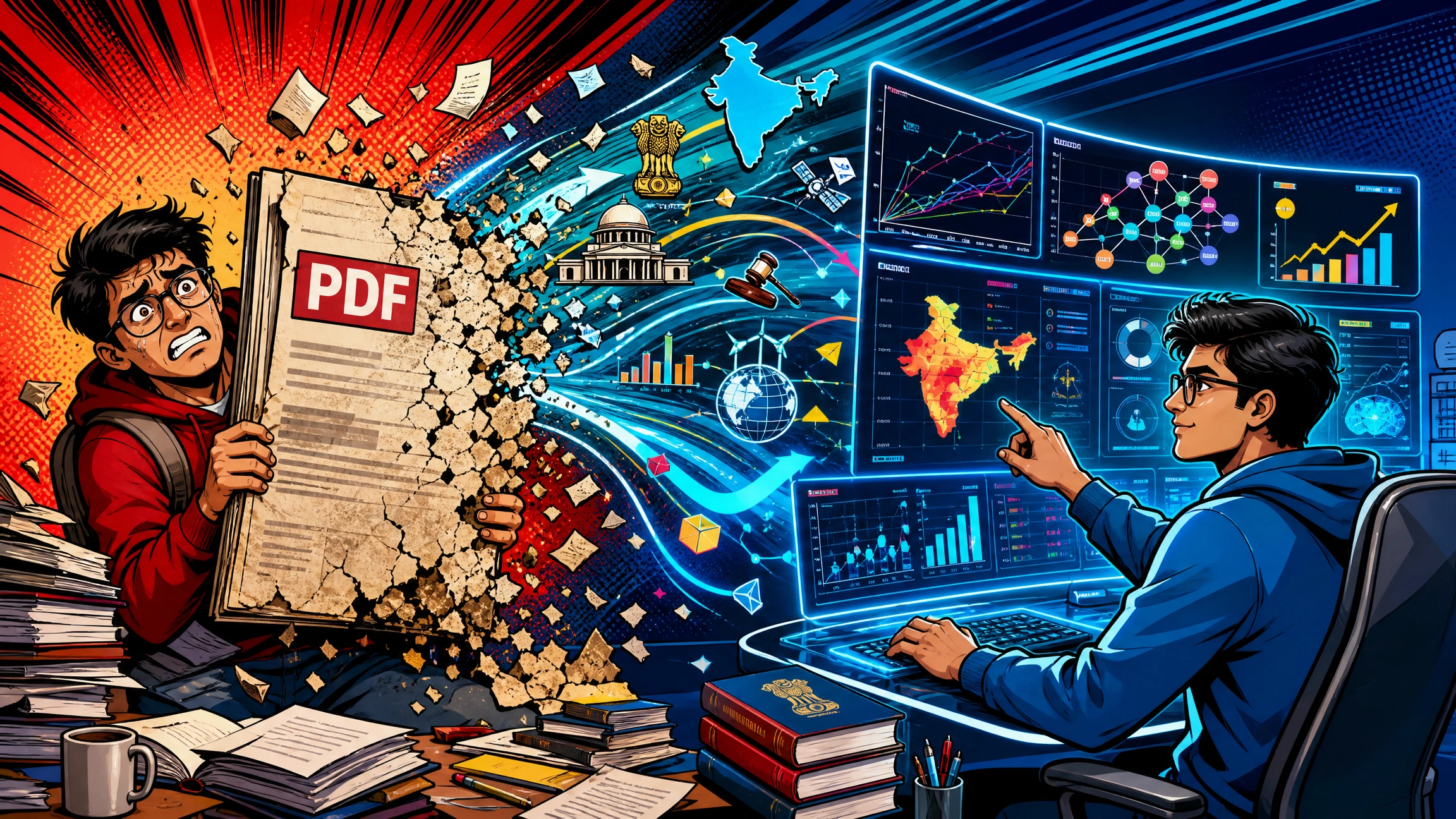 Modern pop art illustration showing UPSC aspirants comparing outdated static PDF study material with dynamic previous year question trend analysis and data-driven exam preparation for UPSC Prelims 2026.